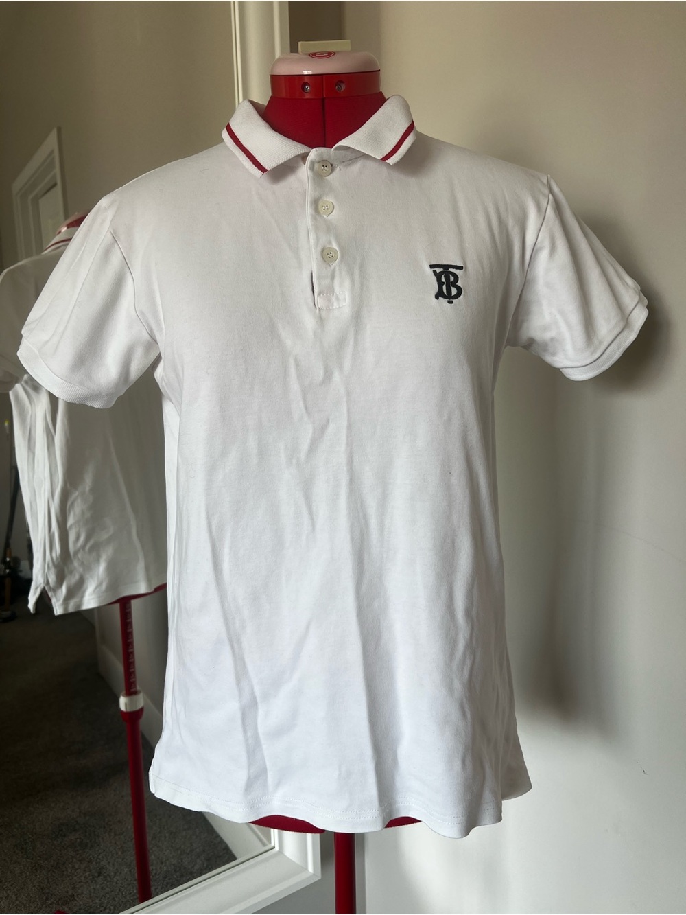Burberry men White Polo with Red Collar Trim and Navy Logo